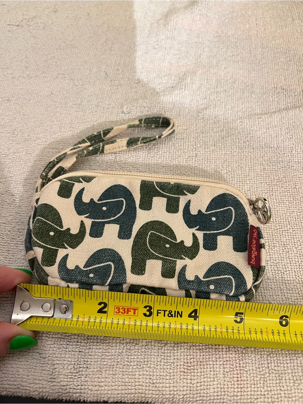 bungalow 360 Beige Wristlet with Green and Blue Rhino Print
